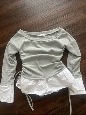 Gray Ribbed Drawstring Top with White Peplum Hem